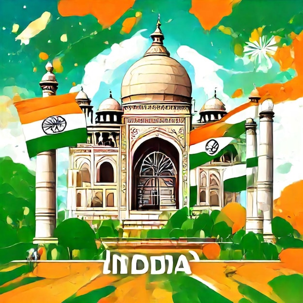 a poster with a picture of a building with the word  india  on it