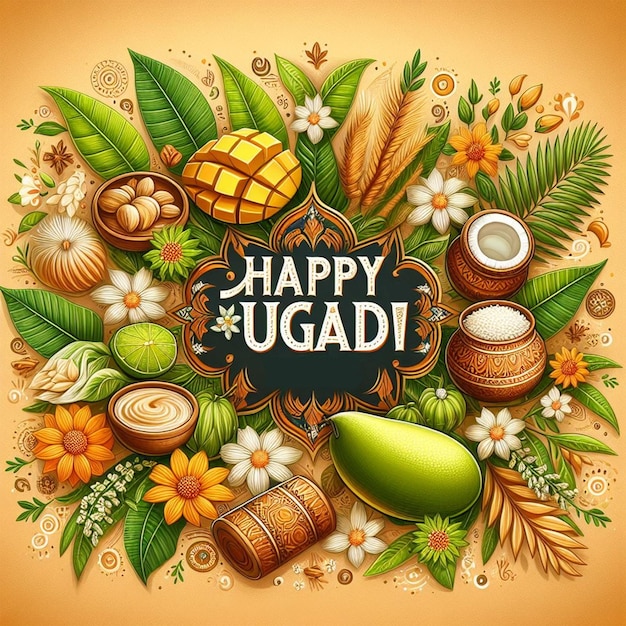 a poster with a picture of a bunch of fruit and nuts Happy Ugadi