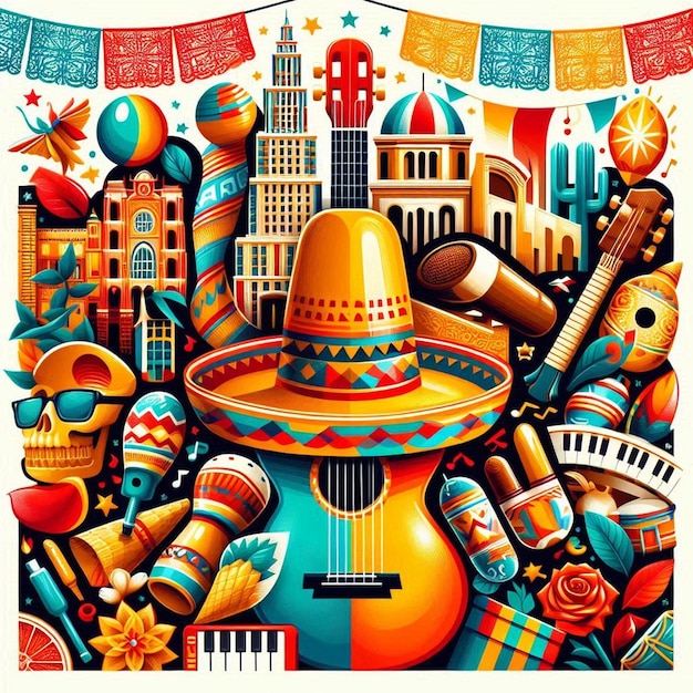 a poster with a picture of a city with a guitar and a hat