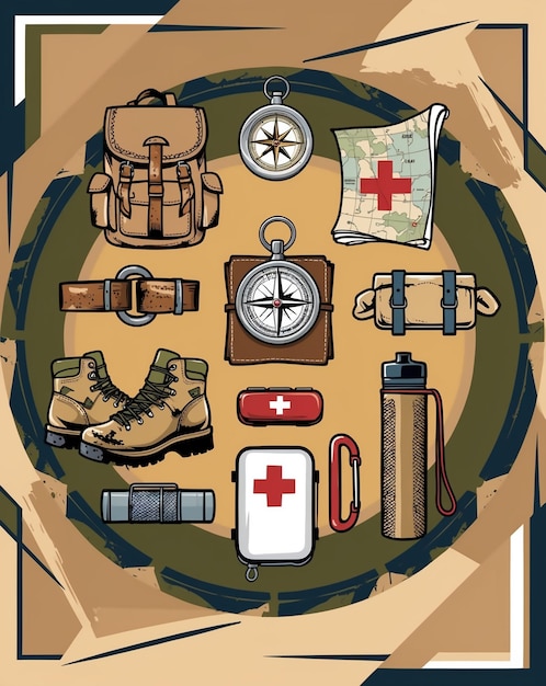 a poster with a picture of a compass and a set of boots