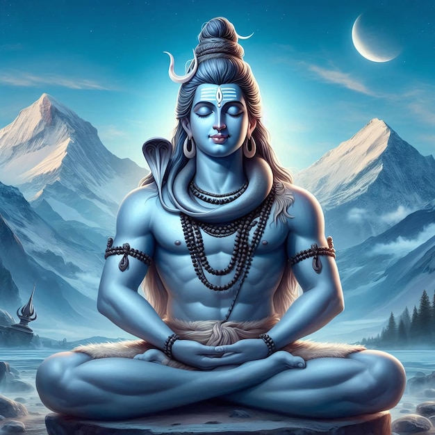 a poster with a picture of a lord shiva with mountains in the background