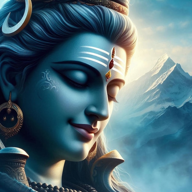 a poster with a picture of a lord shiva with mountains in the background