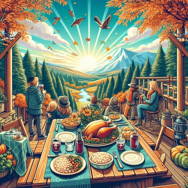 a poster with a picture of a man and a woman sitting at a table with food and a sun in the backgroun