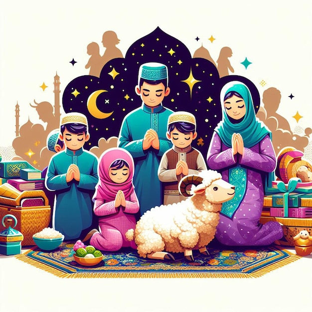 a poster with a picture of people with a child and a sheep in front of a mosque