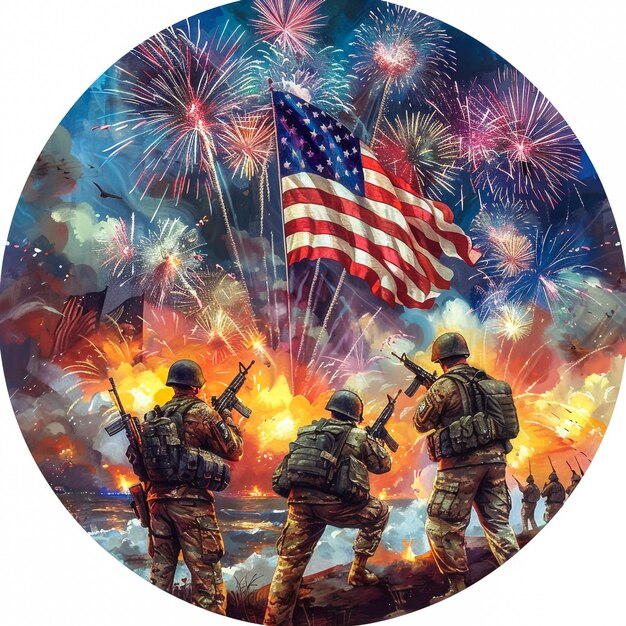 a poster with a picture of soldiers with a flag and fireworks in the background