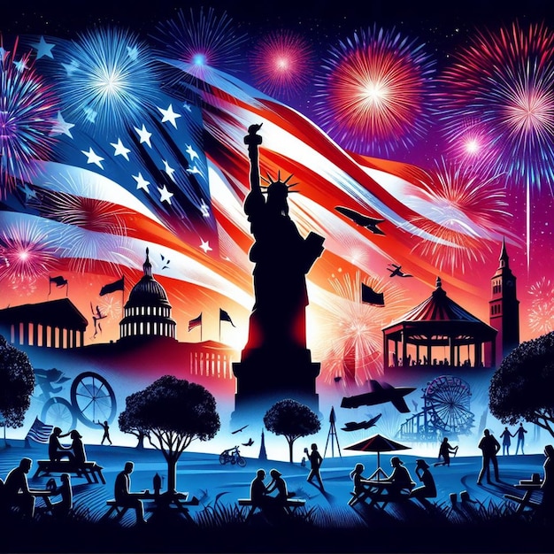 a poster with a picture of a statue of liberty and fireworks