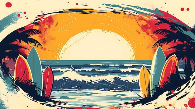 a poster with a picture of surfboards on it with the sun behind them