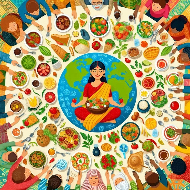 Photo a poster with a picture of a woman sitting in front of a circle of food