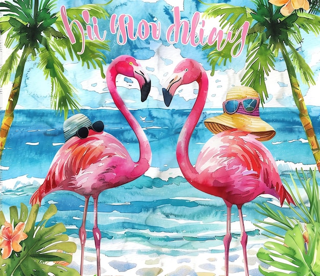 a poster with pink flamingos and palm trees in the background