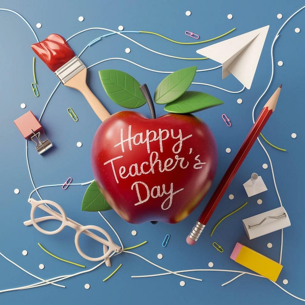 Photo a poster with a red apple and other items with the words happy teachers day on it