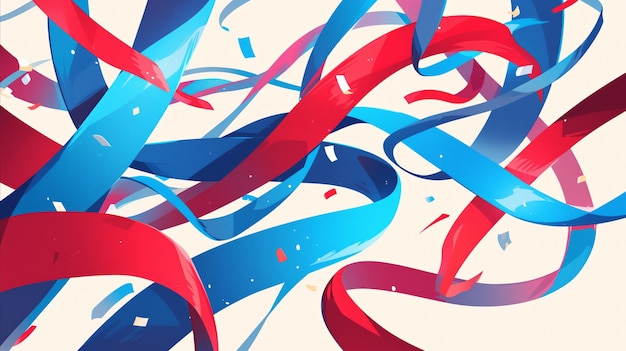 a poster with a red blue and blue streamers