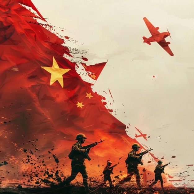 a poster with a red flag and a plane flying in the background