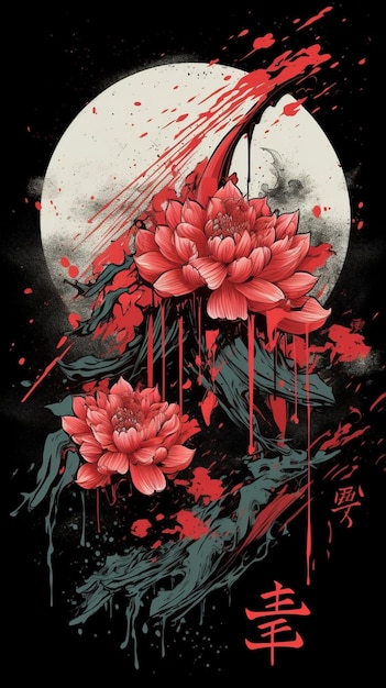 A poster with a red flower and the moon on it