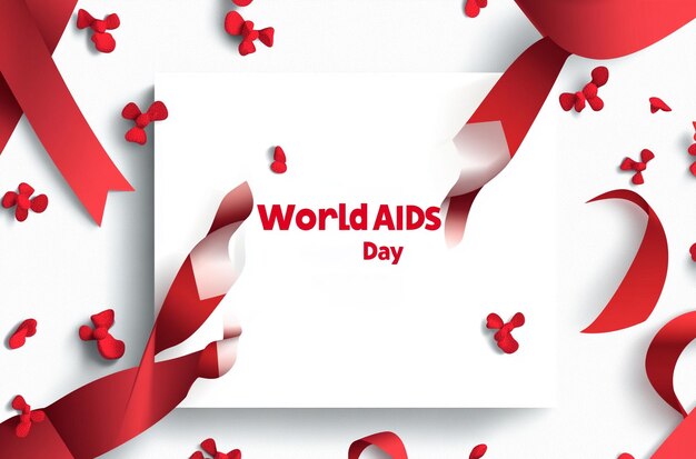 Photo poster with a red ribbon that says world aids day