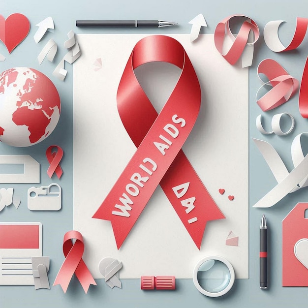 Photo a poster with a red ribbon and the word world on it