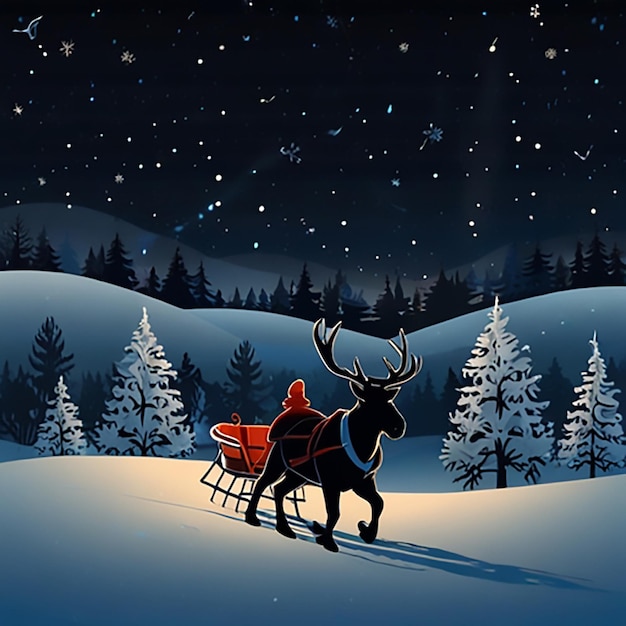 Photo a poster with a reindeer and a sled with a christmas tree in the background