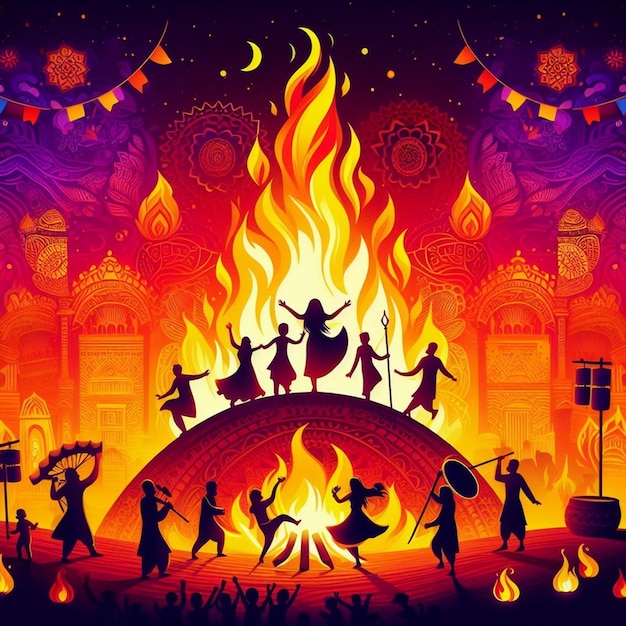 a poster with a scene with a group of people dancing around fire Holika Dahan