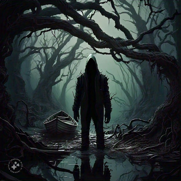 Photo a poster with a silhouette of a man in a dark forest