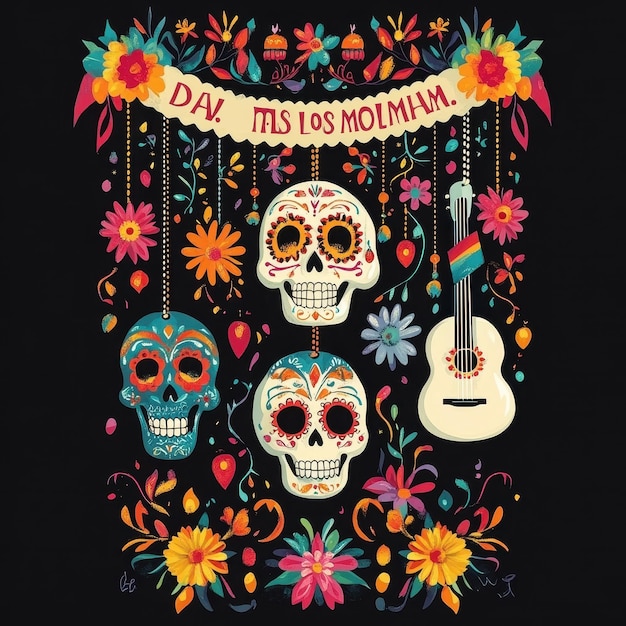 a poster with a skull and flowers and a picture of a skull and guitars