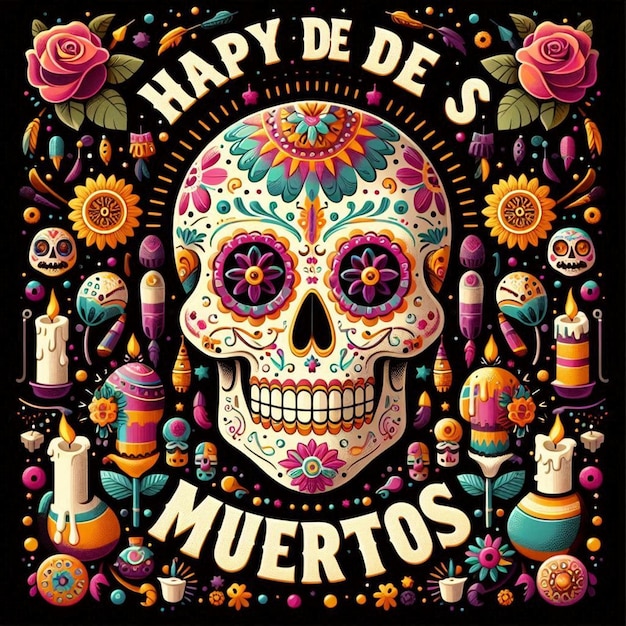 Photo a poster with a skull and flowers and a skull that says happy day