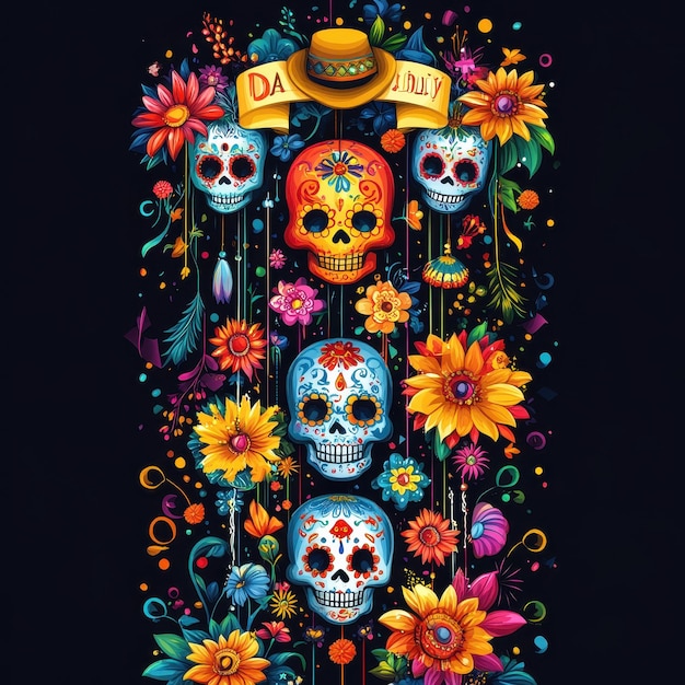 a poster with a skull and flowers and a yellow ribbon with the words  os  on it