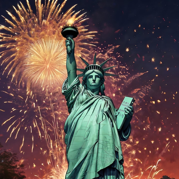 A poster with the statue of liberty and fireworks