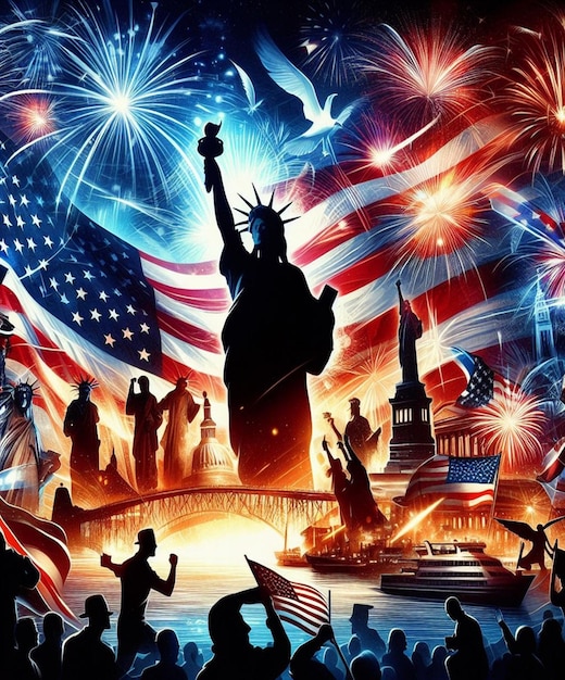 a poster with the statue of liberty and the united states fireworks