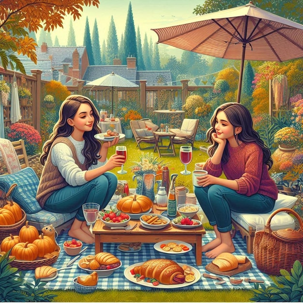 a poster with two girls sitting on a blanket and a table with food and a sign saying free