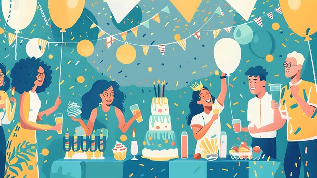 a poster with two women at a birthday party and a cake with balloons and balloons