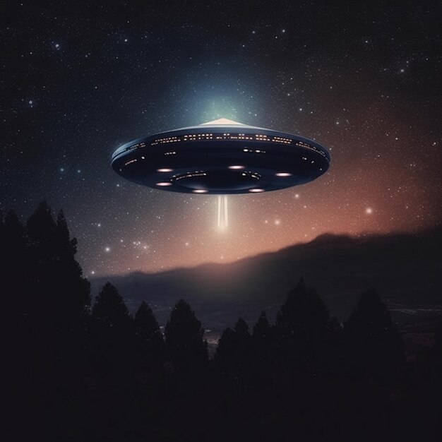 A poster with a ufo flying over a forest with the words " the space ship " on it.