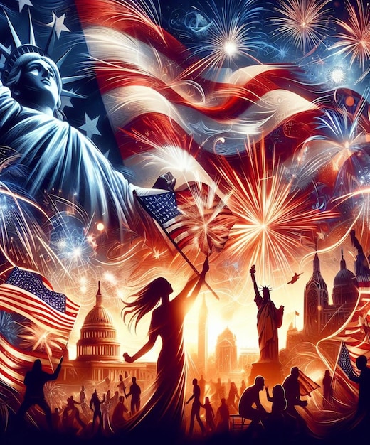 a poster with a united states flag and a statue of liberty