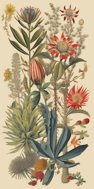 A poster with a variety of flowers and a yellow flower.