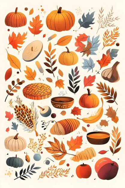 Photo a poster with a variety of thanksgiving items including pumpkins acorns and other things