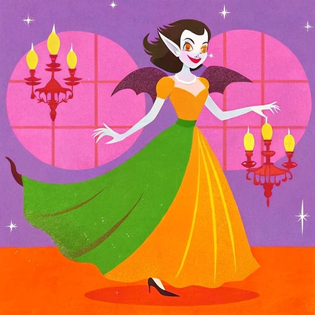 a poster with a woman in a green dress with a witch on it