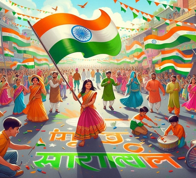 a poster with a woman holding a flag that says  india