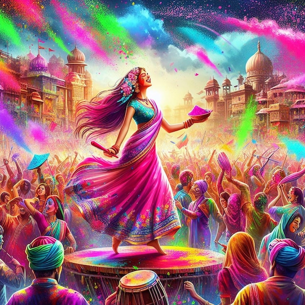 a poster with a woman on the top of Dhol Dancing and Celebrating Holi festival joyful