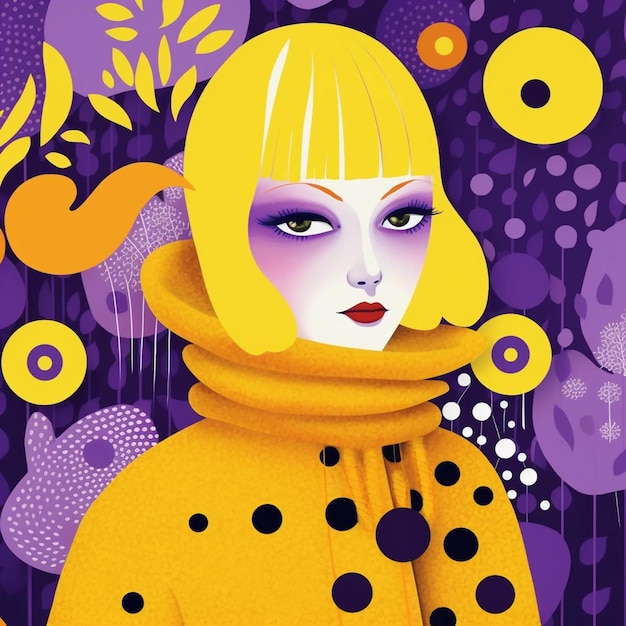 a poster with a woman wearing a yellow sweater and a yellow dress with purple eyes and purple dots