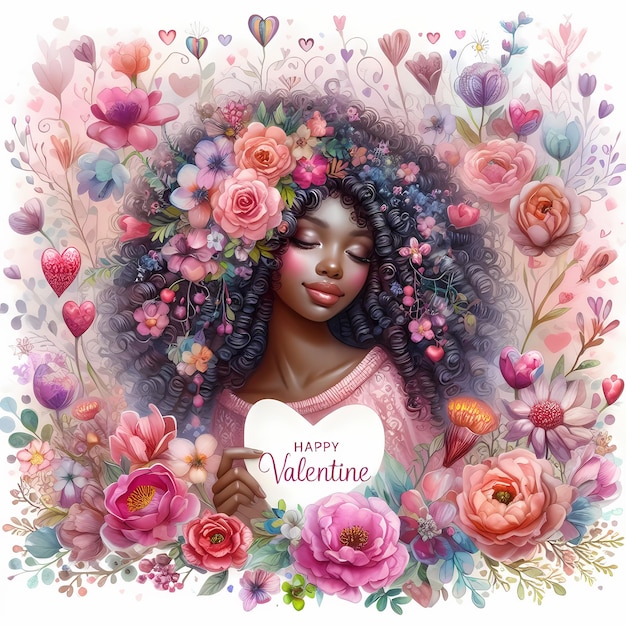 a poster with a woman with flowers and a heart on it