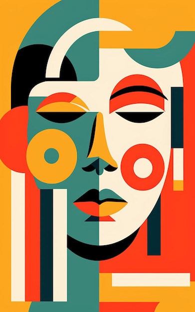 a poster with a womans face and a colorful pattern on it