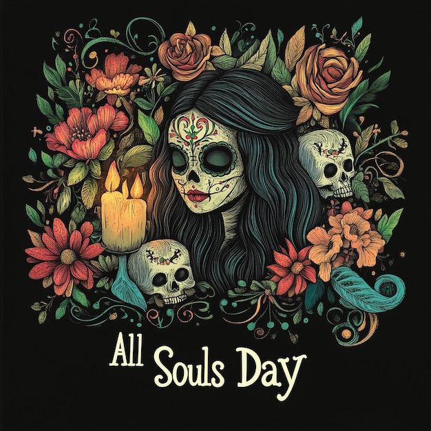 a poster with a womans face and flowers and a skull that says all day day