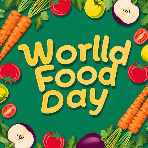 a poster with a world food day written in yellow letters