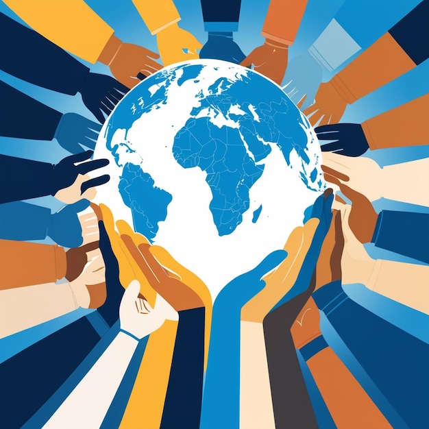 Photo a poster with a world map and a blue background with people holding a globe