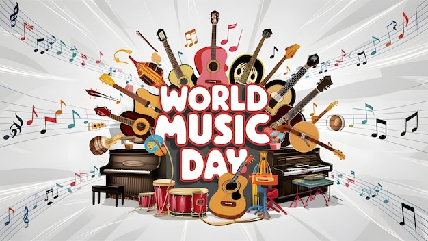 a poster with a world music day in the middle