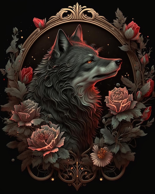 A poster of a wolf with roses around it