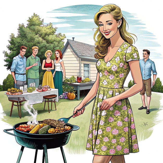 Photo a poster of a woman cooking food with a woman cooking on a grill