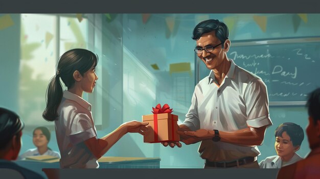 Photo a poster of a woman giving a gift to a man