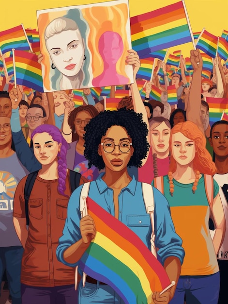 a poster of a woman holding a rainbow flag and a group of people holding a rainbow.