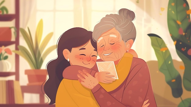 a poster of a woman hugging her grandmother