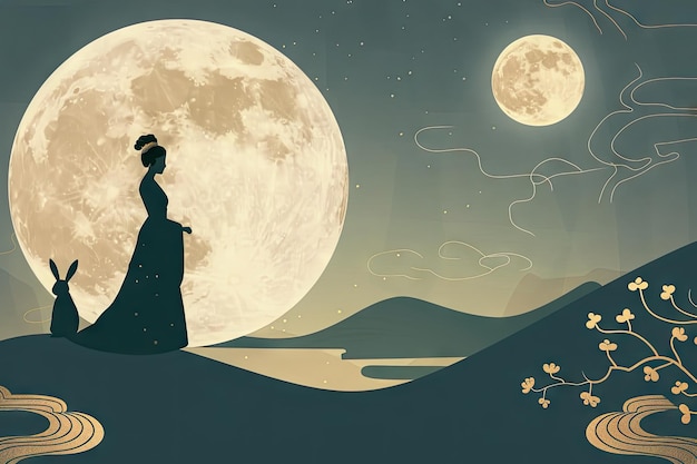 a poster for a woman in a kimono with a full moon in the background