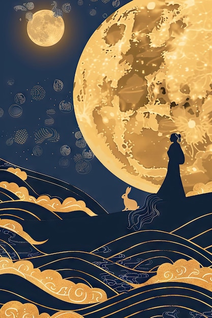 a poster for a woman in a kimono with a full moon in the background